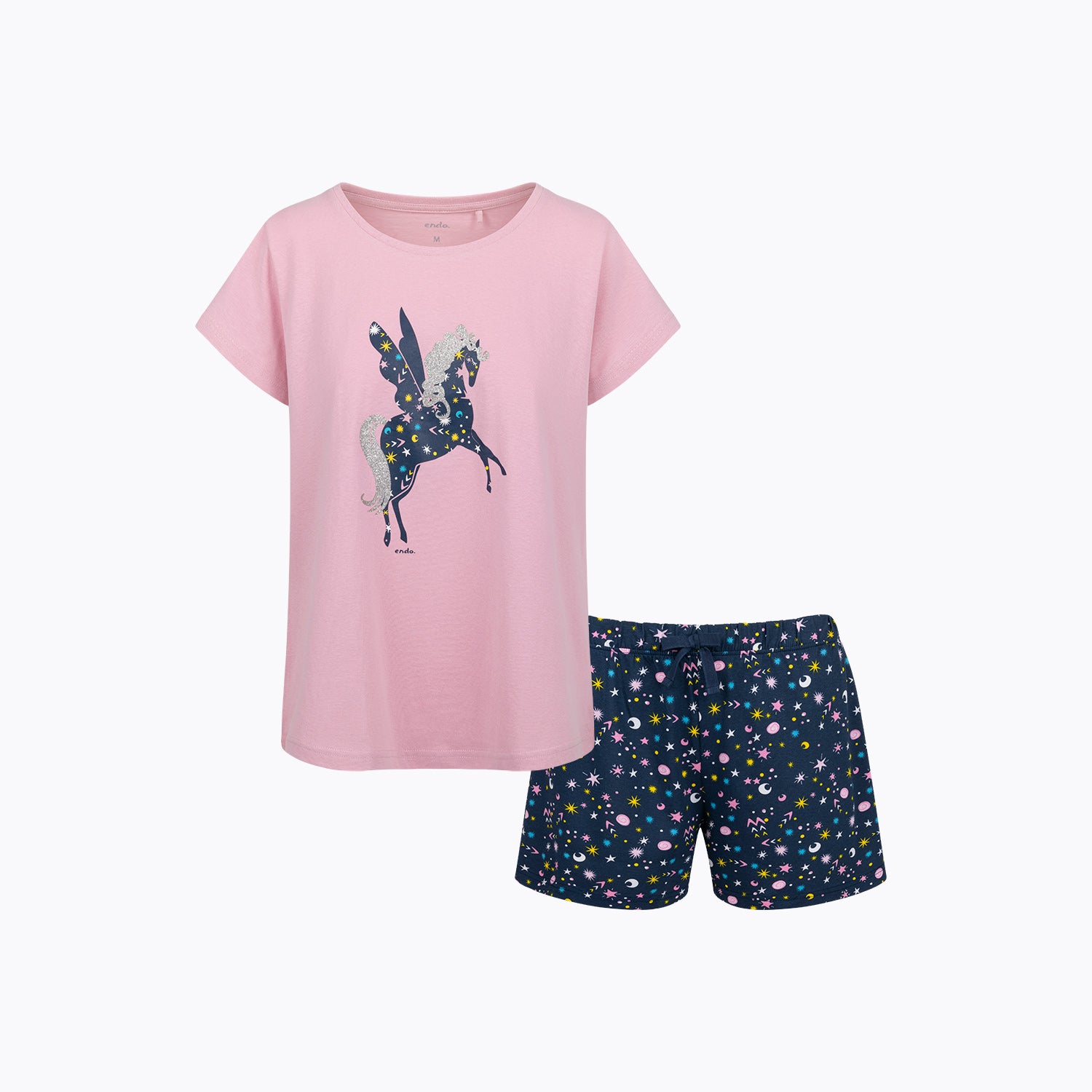 Damska piżama z krótkim rękawem dla dziewczynki, z jednorożcem, różowa