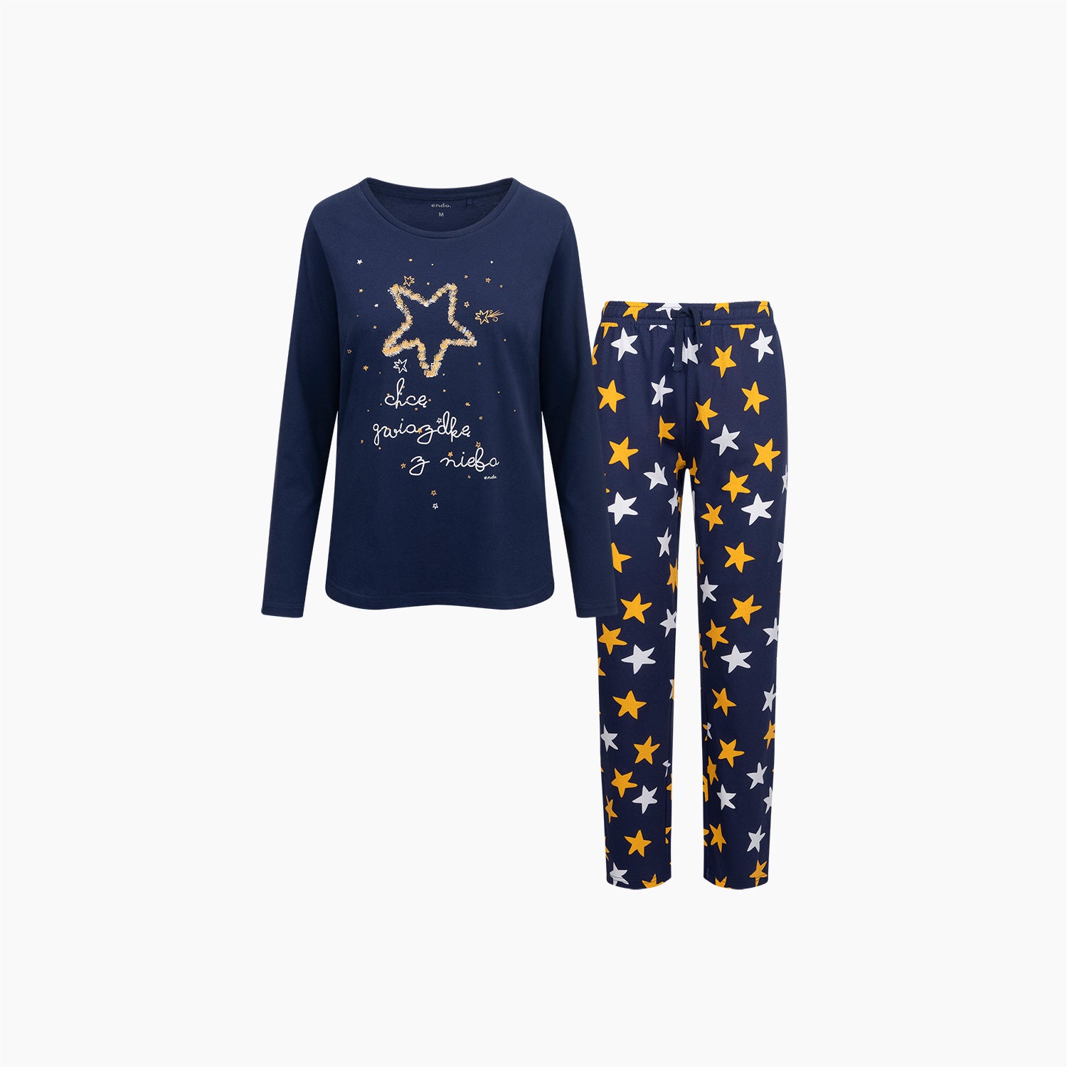 Damska piżama z długim rękawem, z gwiazdkami, granatowa