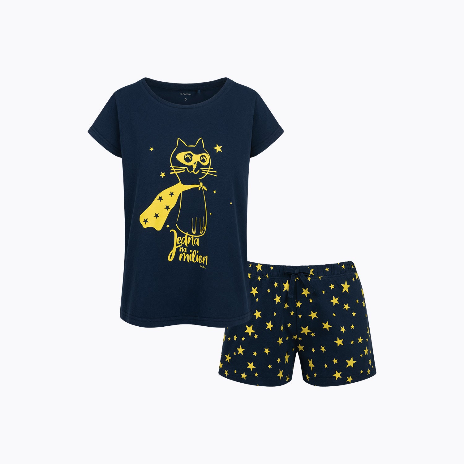 Damska piżama z krótkim rękawem, z kotem, granatowa