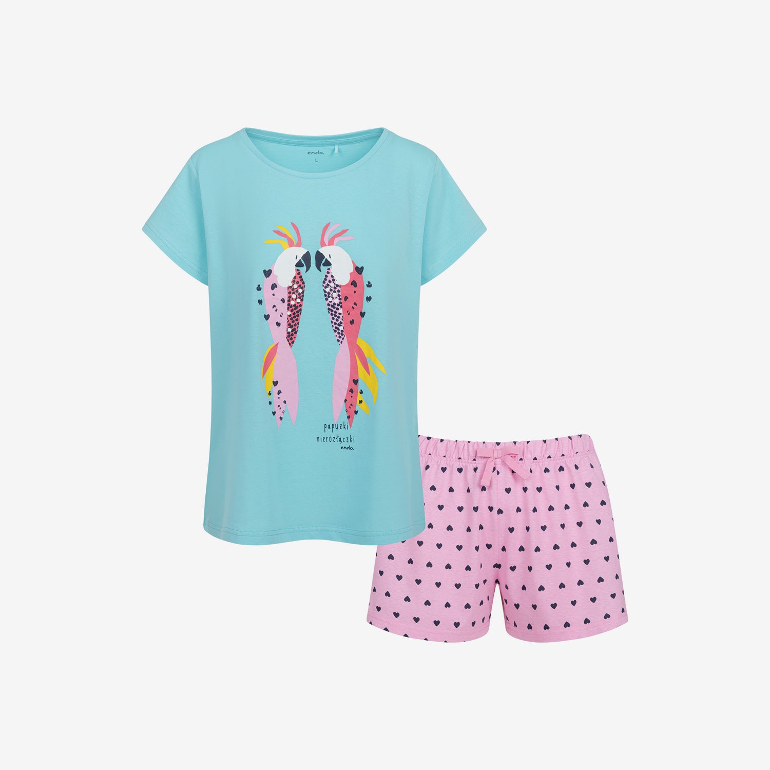 Women's short-sleeved pajama with lovebirds, blue