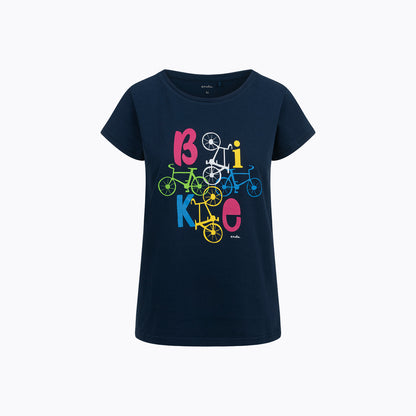 Damski t-shirt z krótkim rękawem, granatowy z motywem rowerowym