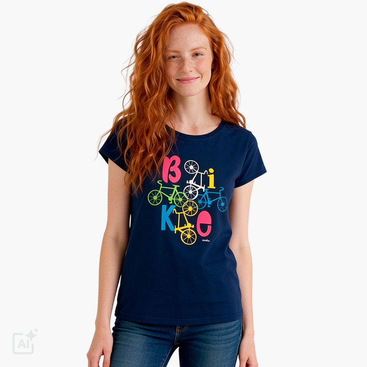 Damski t-shirt z krótkim rękawem, granatowy z motywem rowerowym