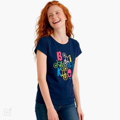 Damski t-shirt z krótkim rękawem, granatowy z motywem rowerowym