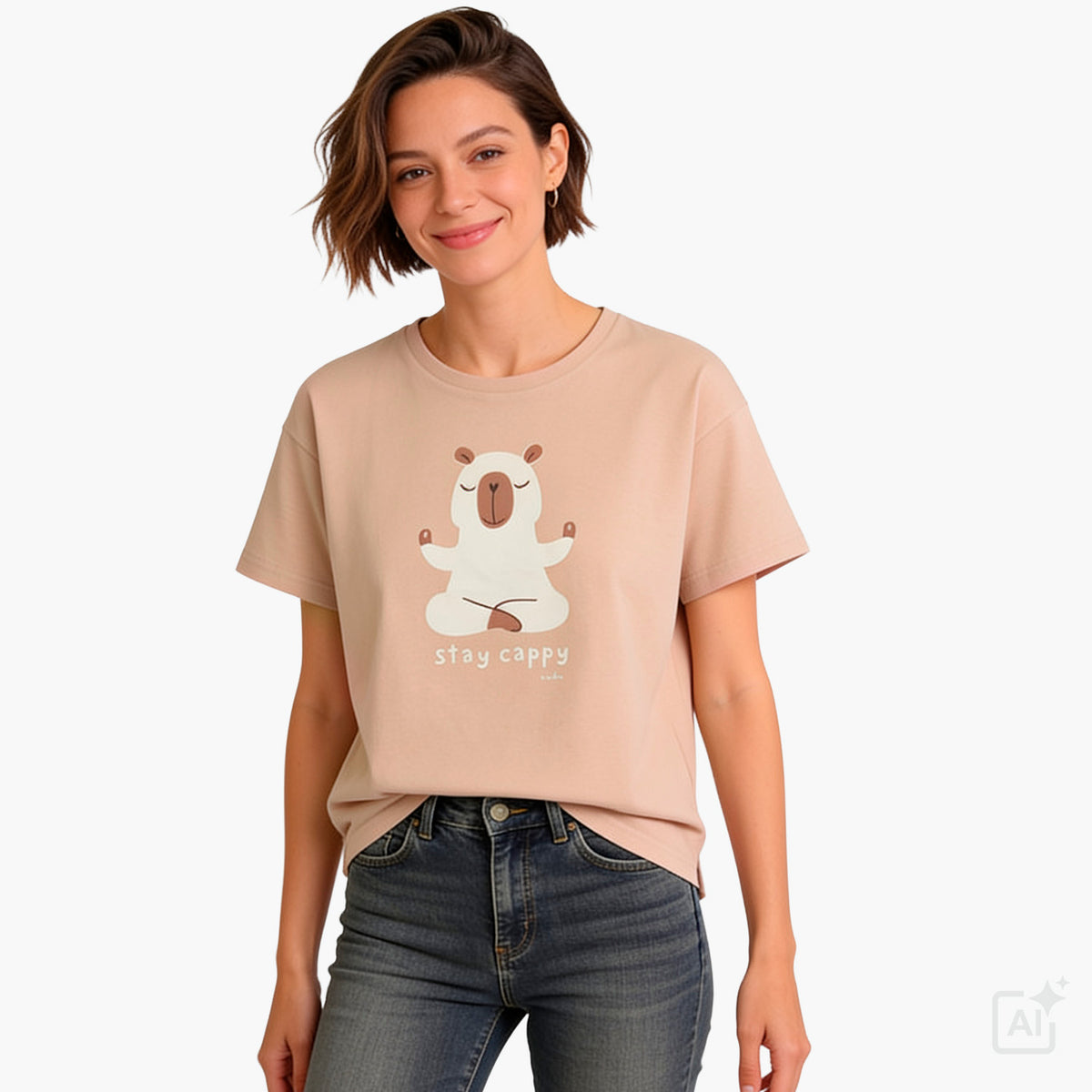 Damski t-shirt z krótkim rękawem, beżowy z kapibarą