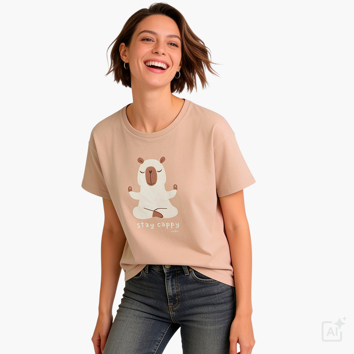 Damski t-shirt z krótkim rękawem, beżowy z kapibarą