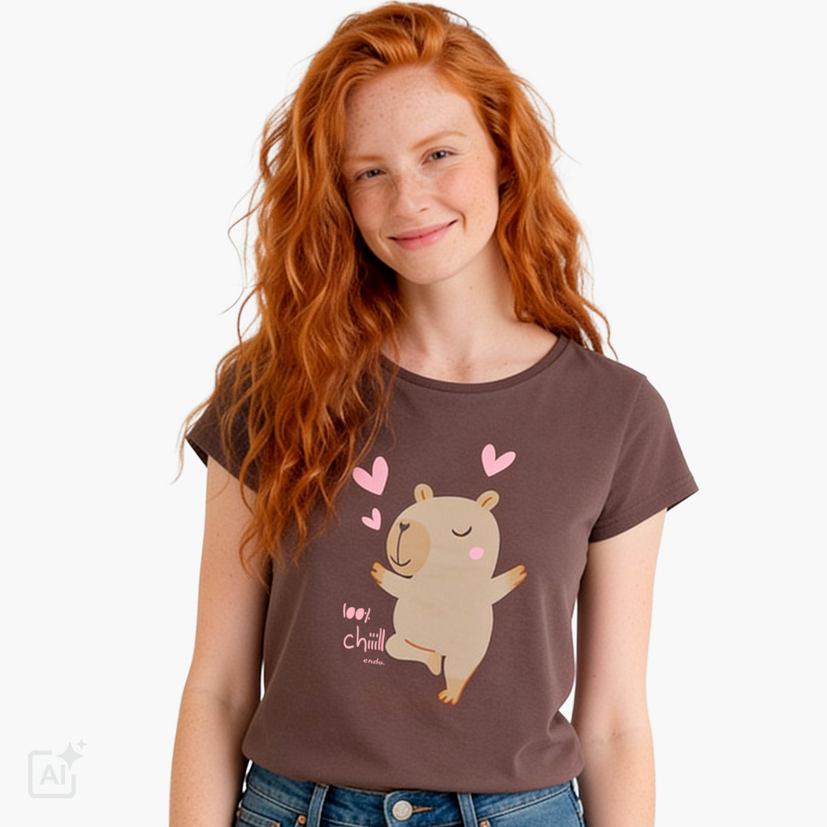 Damski t-shirt z krótkim rękawem, brązowy z kapibarą