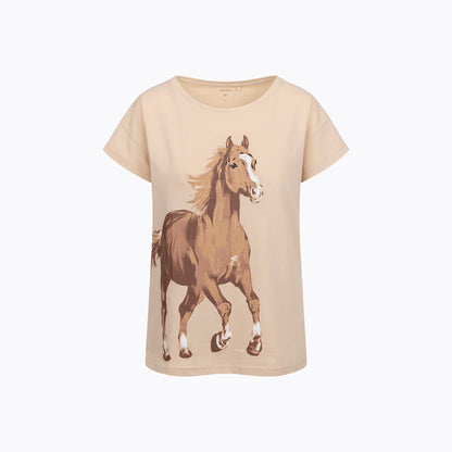 Damski t-shirt z krótkim rękawem, beżowy z koniem
