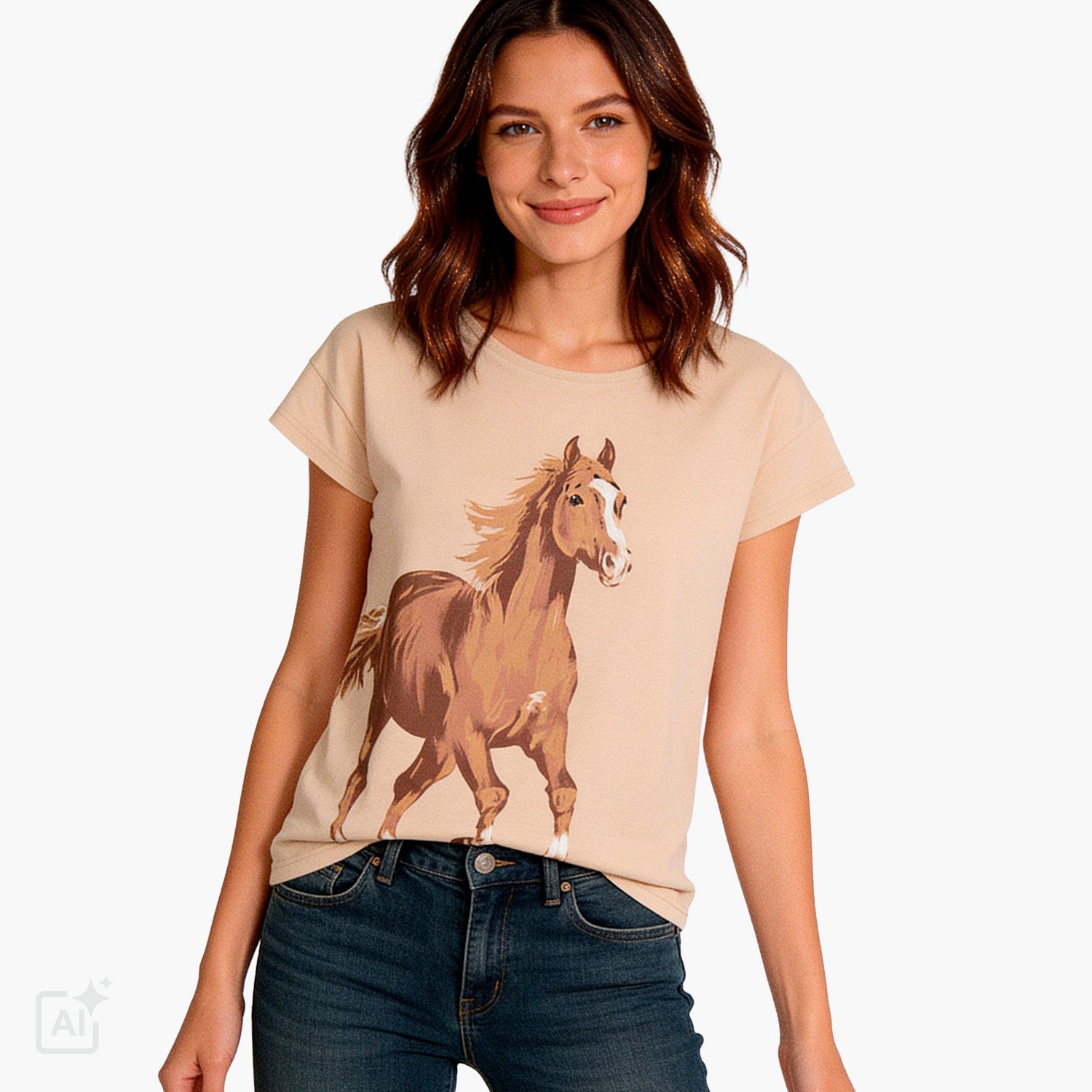 Damski t-shirt z krótkim rękawem, beżowy z koniem