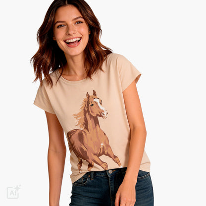 Damski t-shirt z krótkim rękawem, beżowy z koniem
