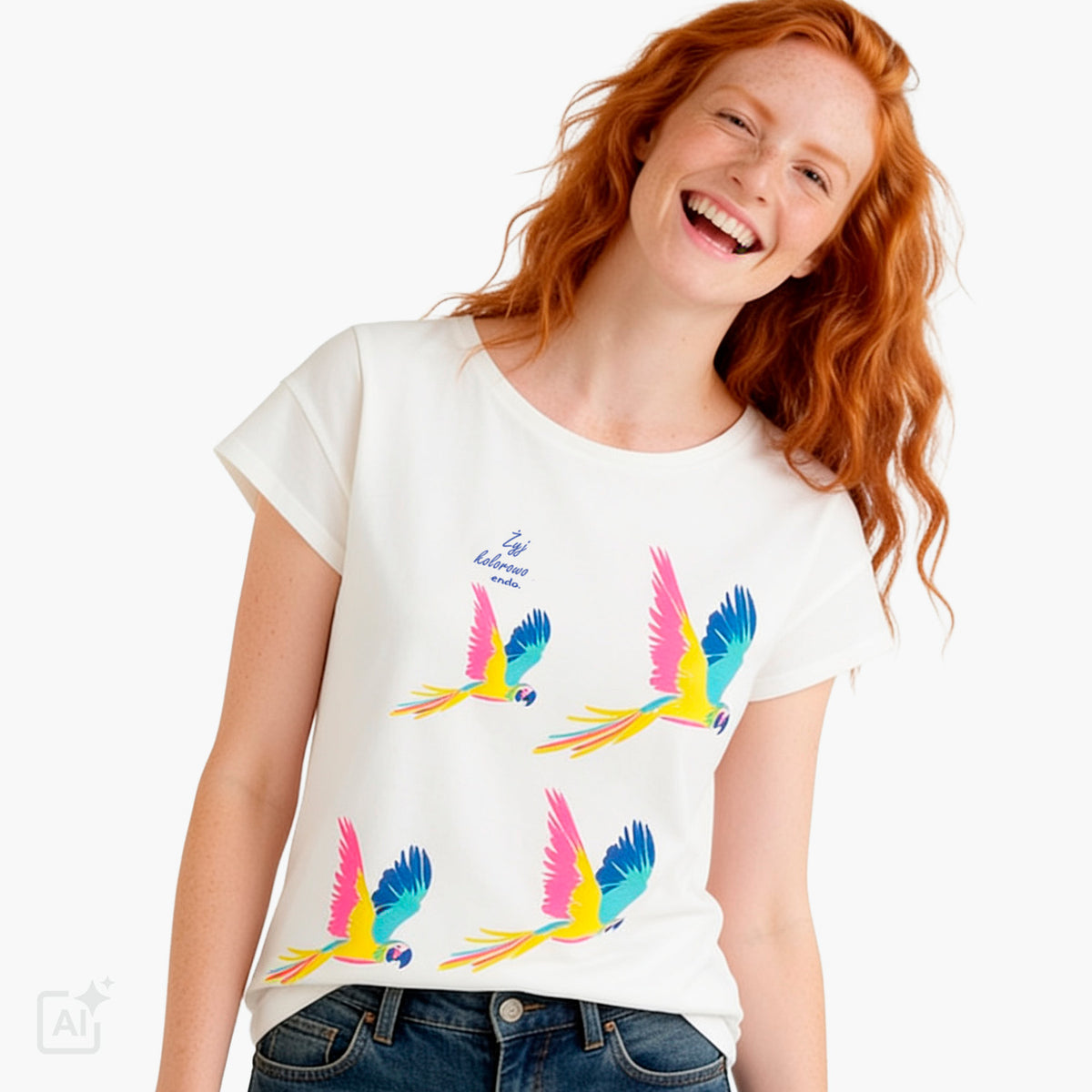 Damski t-shirt z krótkim rękawem, biały z ptakami