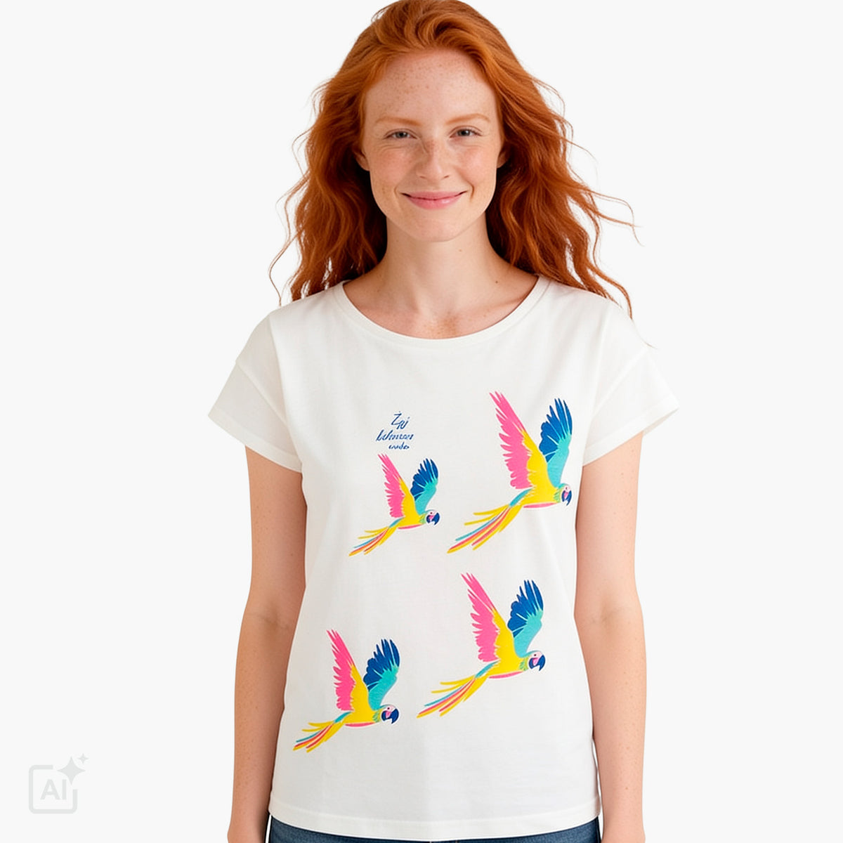 Damski t-shirt z krótkim rękawem, biały z ptakami
