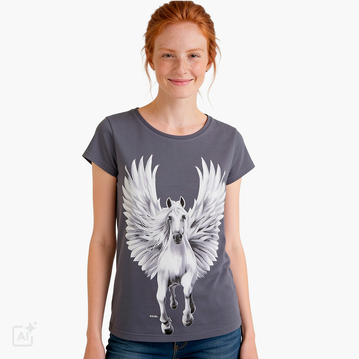 Damski t-shirt z krótkim rękawem, szary z pegazem