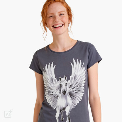 Damski t-shirt z krótkim rękawem, szary z pegazem
