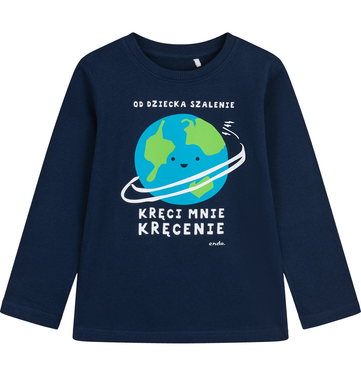 T-shirt z długim rękawem dla chłopca, z motywem Ziemii i napisem "od dziecka szalenie kręci mnie kręcenie", granatowy 3-8 lat