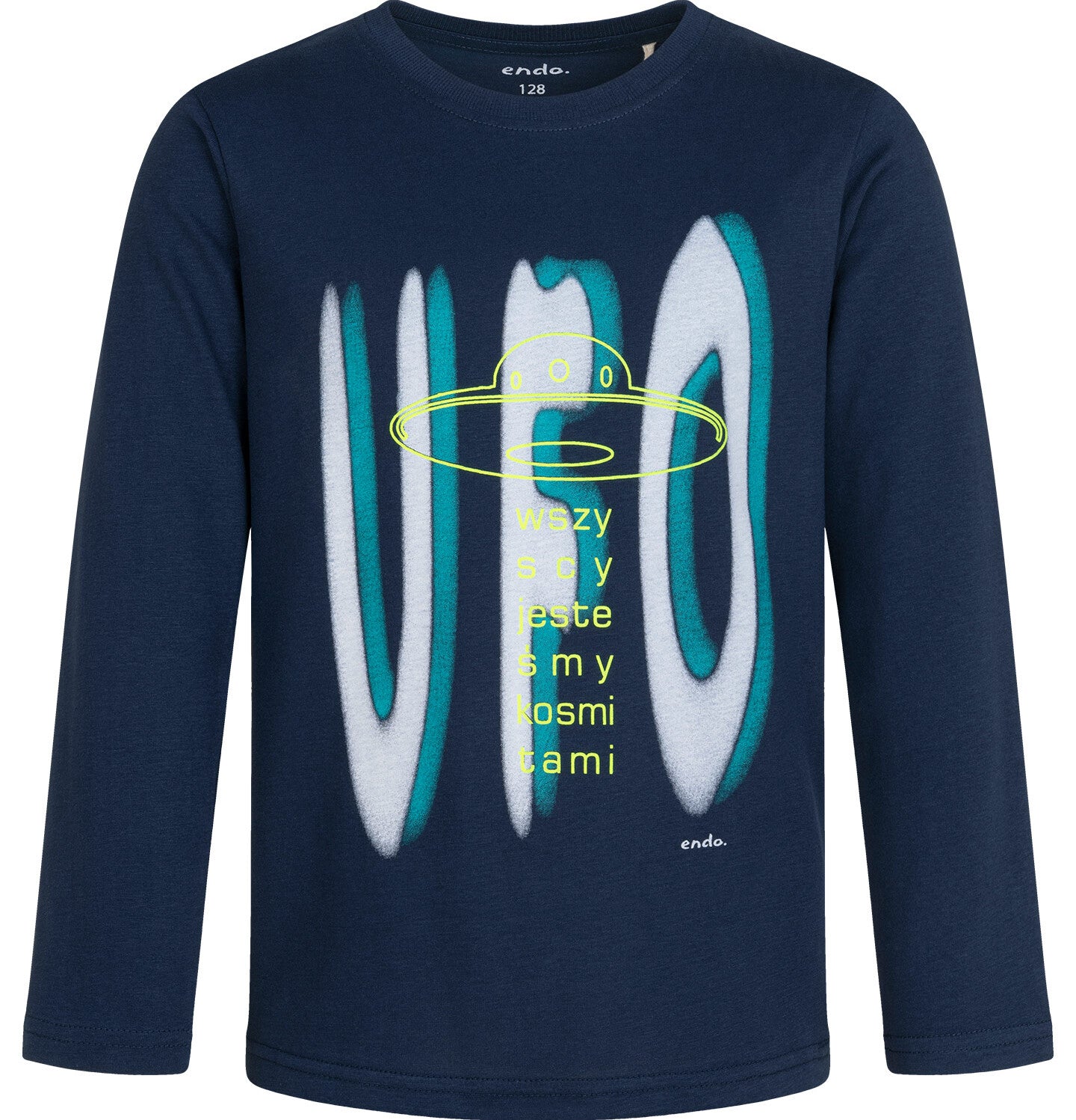 T-shirt z długim rękawem dla chłopca, ze statkiem kosmicznym, granatowy, 3-8 lat