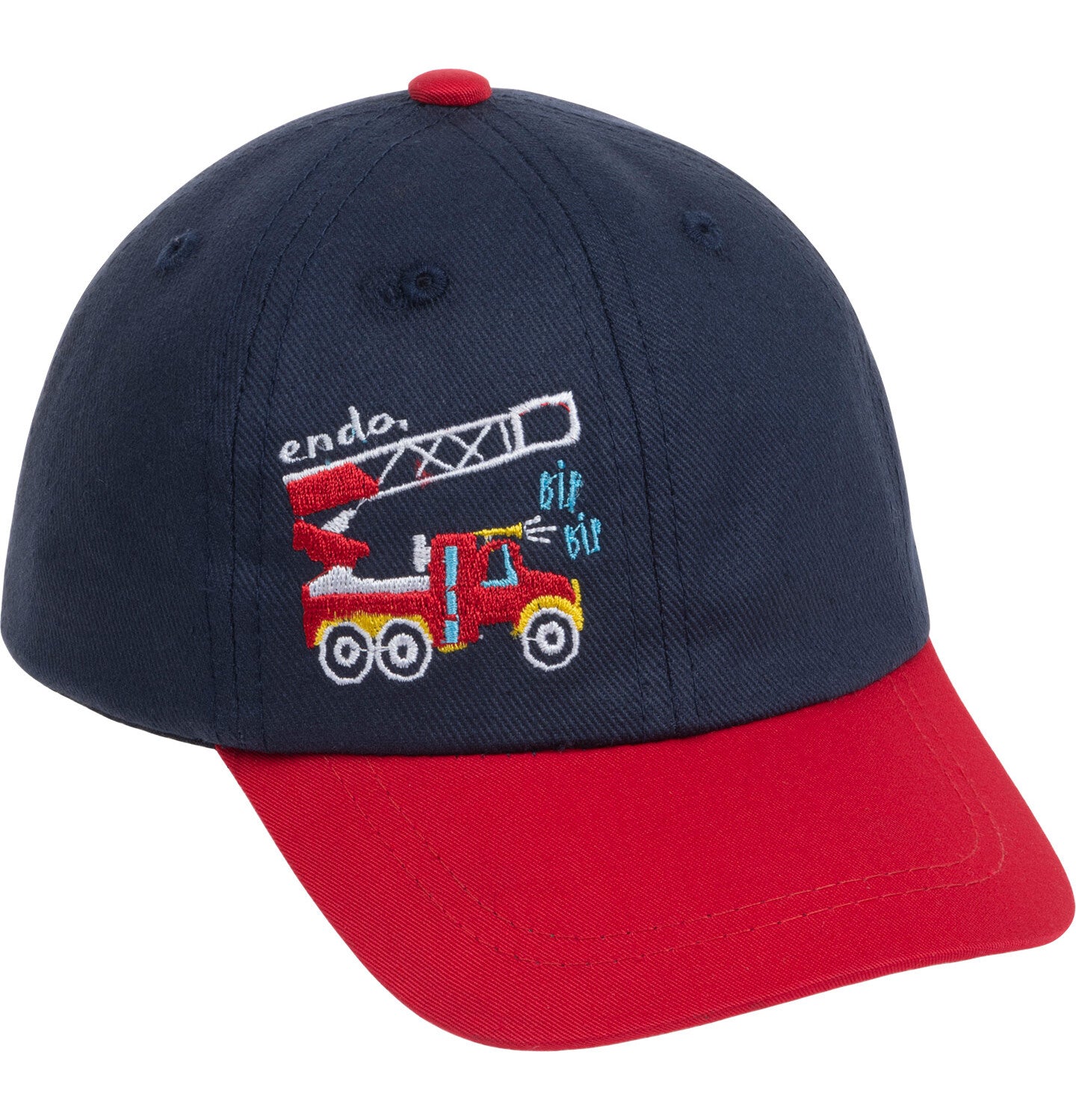 Czapka z daszkiem dla chłopca, z wozem strażackim, granatowa