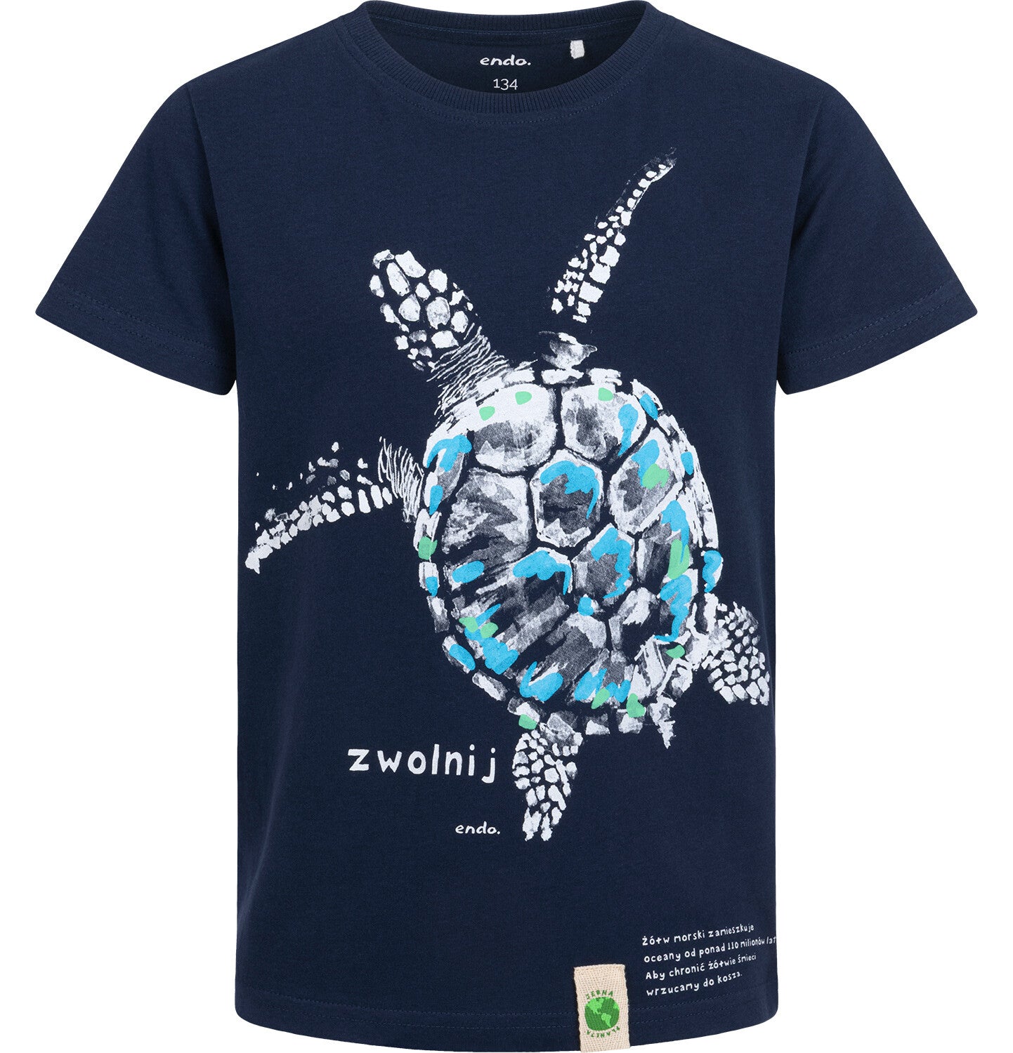 T-shirt z krótkim rękawem dla chłopca, z żółwiem, granatowy 9-13 lat