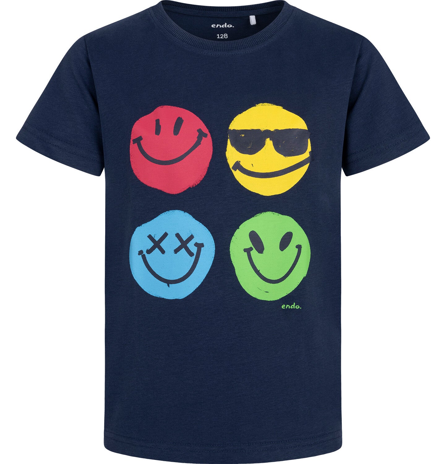 T-shirt z krótkim rękawem dla chłopca, z uśmiechniętymi buźkami, granatowy 3-8 lat