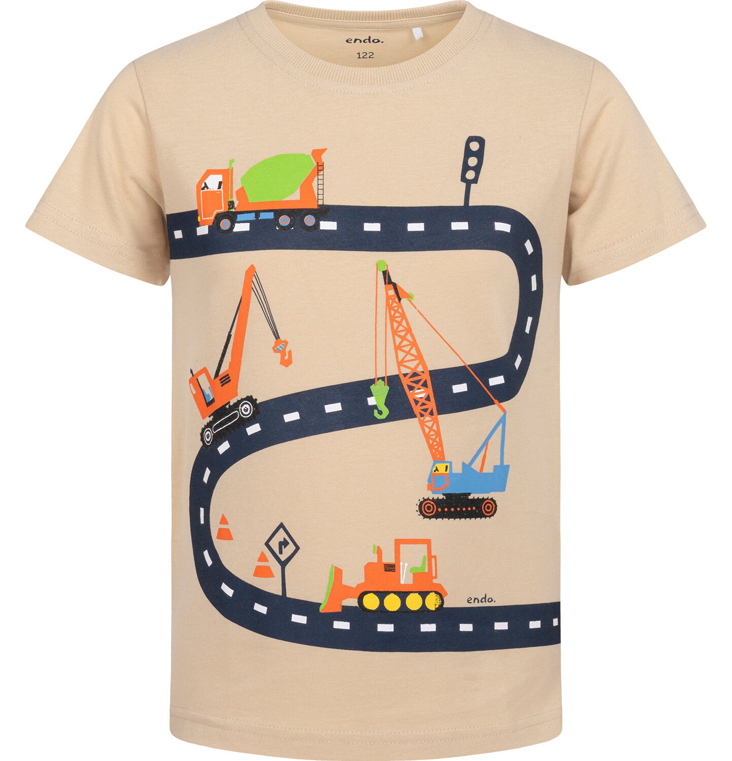 Boy's short-sleeved T-shirt with construction vehicles, beige, 2-7 years old