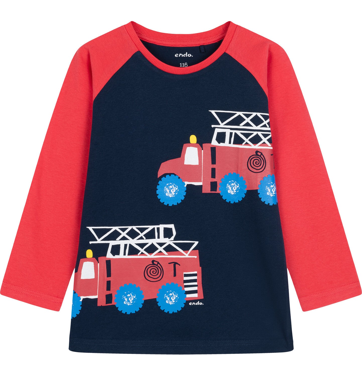 T-shirt z długim rękawem dla chłopca, z wozami strażackimi, granatowy 3-8 lat
