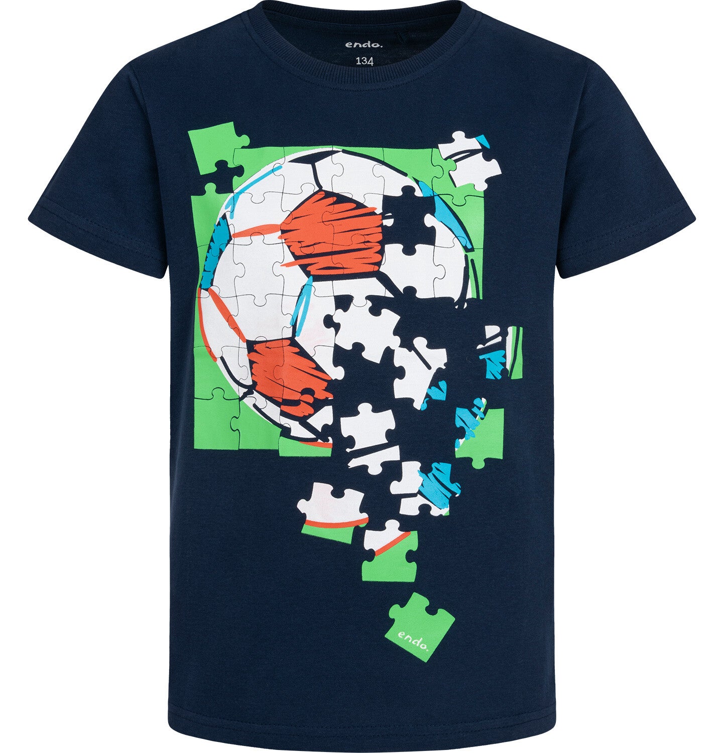 Boy's short-sleeved T-shirt with a football motif, navy blue, 9-13 years old