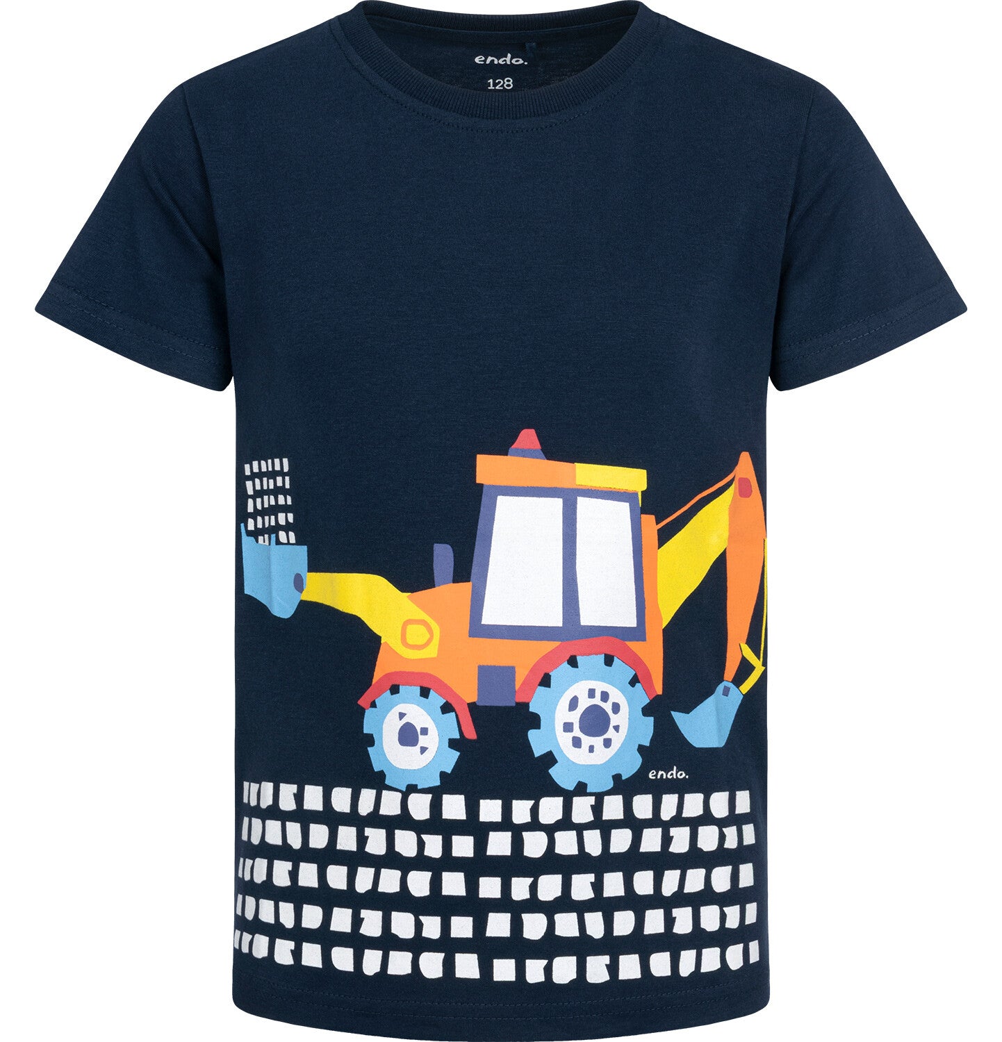 Boy's short-sleeved T-shirt with an excavator, navy blue, 3-8 years old