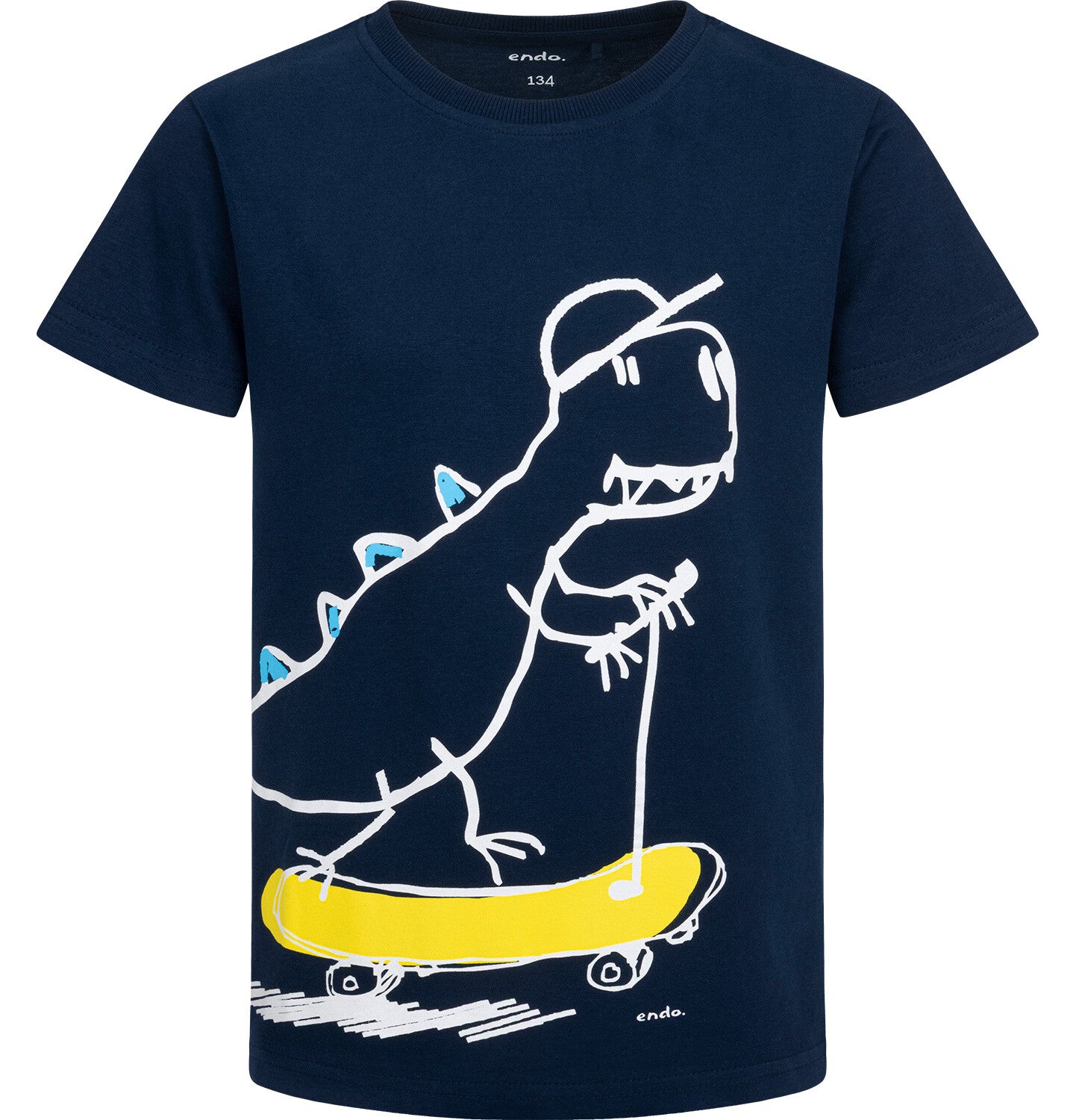 T-shirt z krótkim rękawem dla chłopca, z dinozaurem i deskorolką, granatowy 9-13 lat