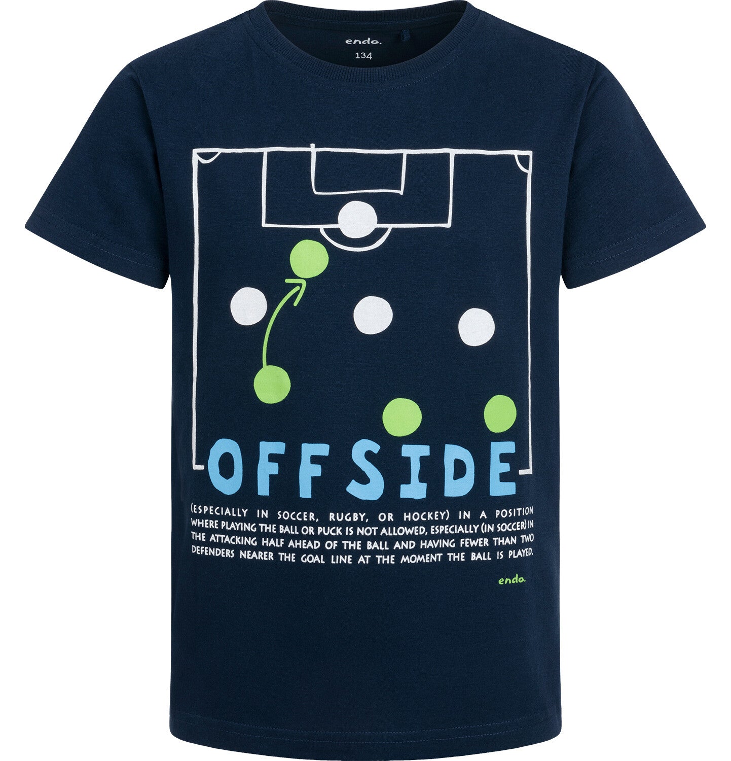 Boy's short-sleeved T-shirt with a football motif, navy blue, 9-13 years old