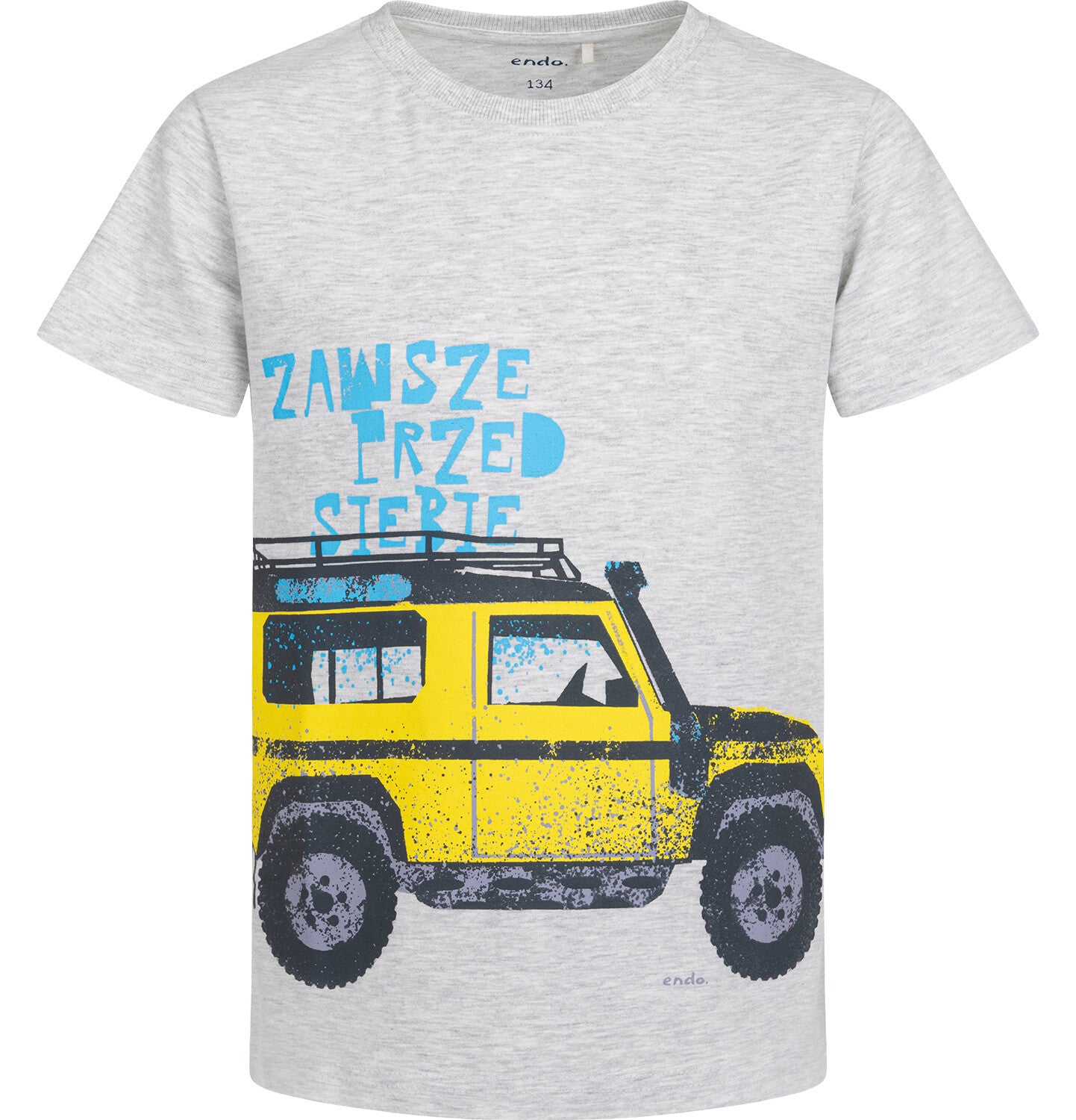 T-shirt z krótkim rękawem dla chłopca, z autem terenowym, szary 9-13 lat