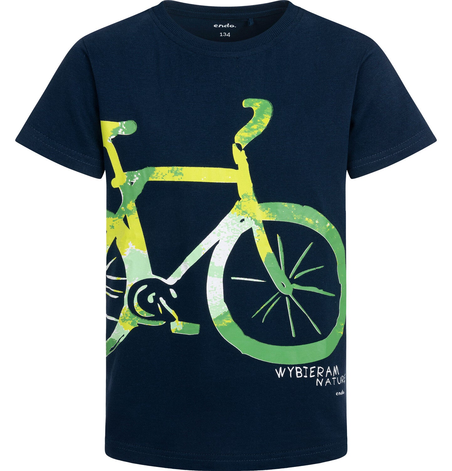 Boy's short-sleeved T-shirt with a bicycle, navy blue, 9-13 years old