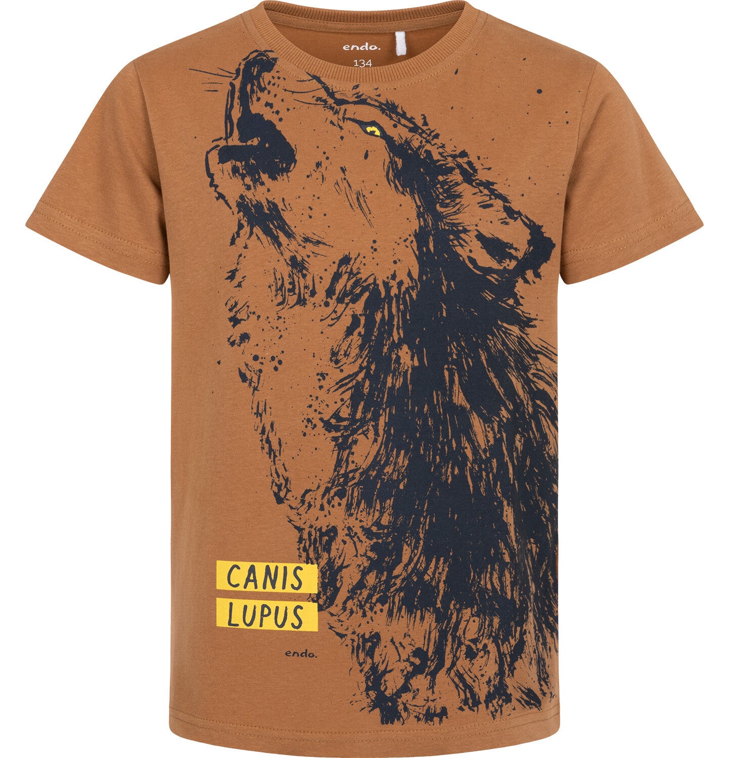 Boy's short-sleeved wolf T-shirt, brown, 9-13 years old