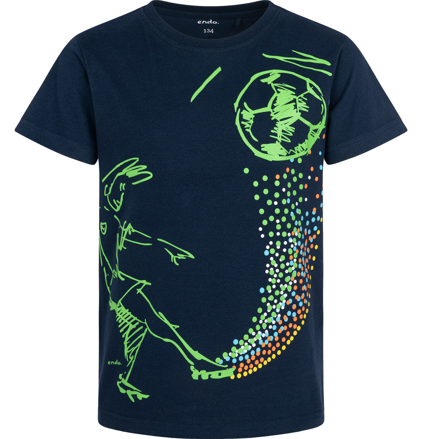 Boy's short-sleeved T-shirt with a football motif, navy blue, 9-13 years old