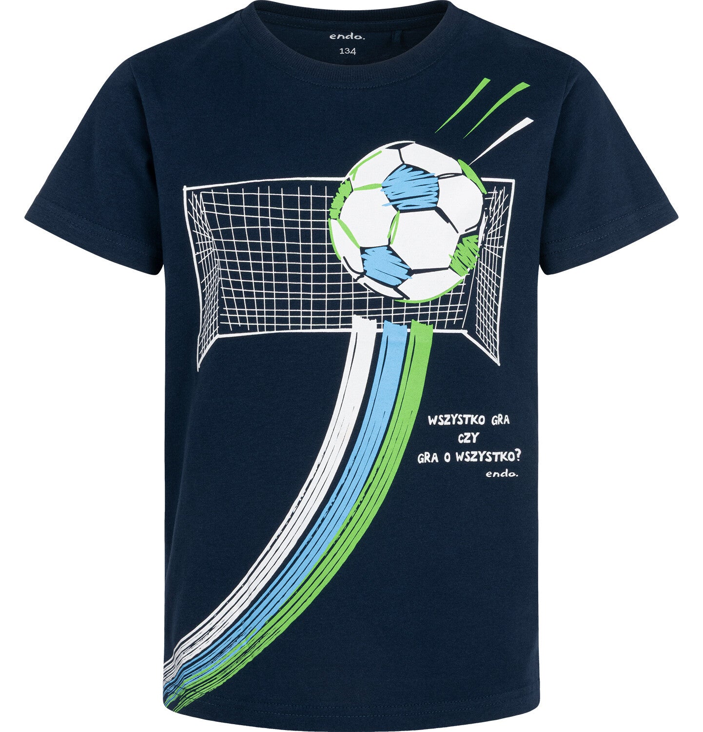Boy's short-sleeved T-shirt with a football motif, navy blue, 9-13 years old