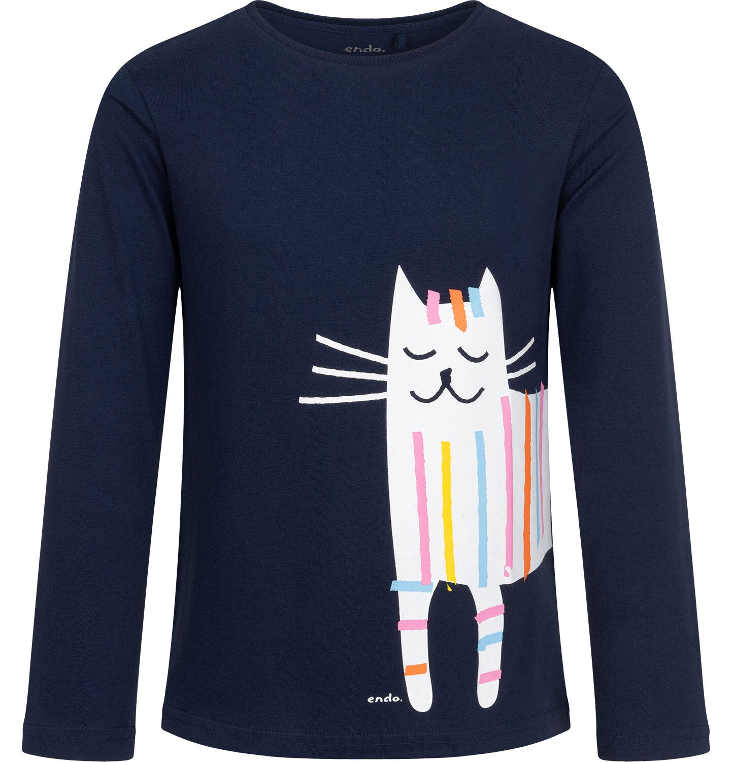 T-shirt z długim rękawem dla dziewczynki, z kotem kreskowym, granatowy, 2-8 lat