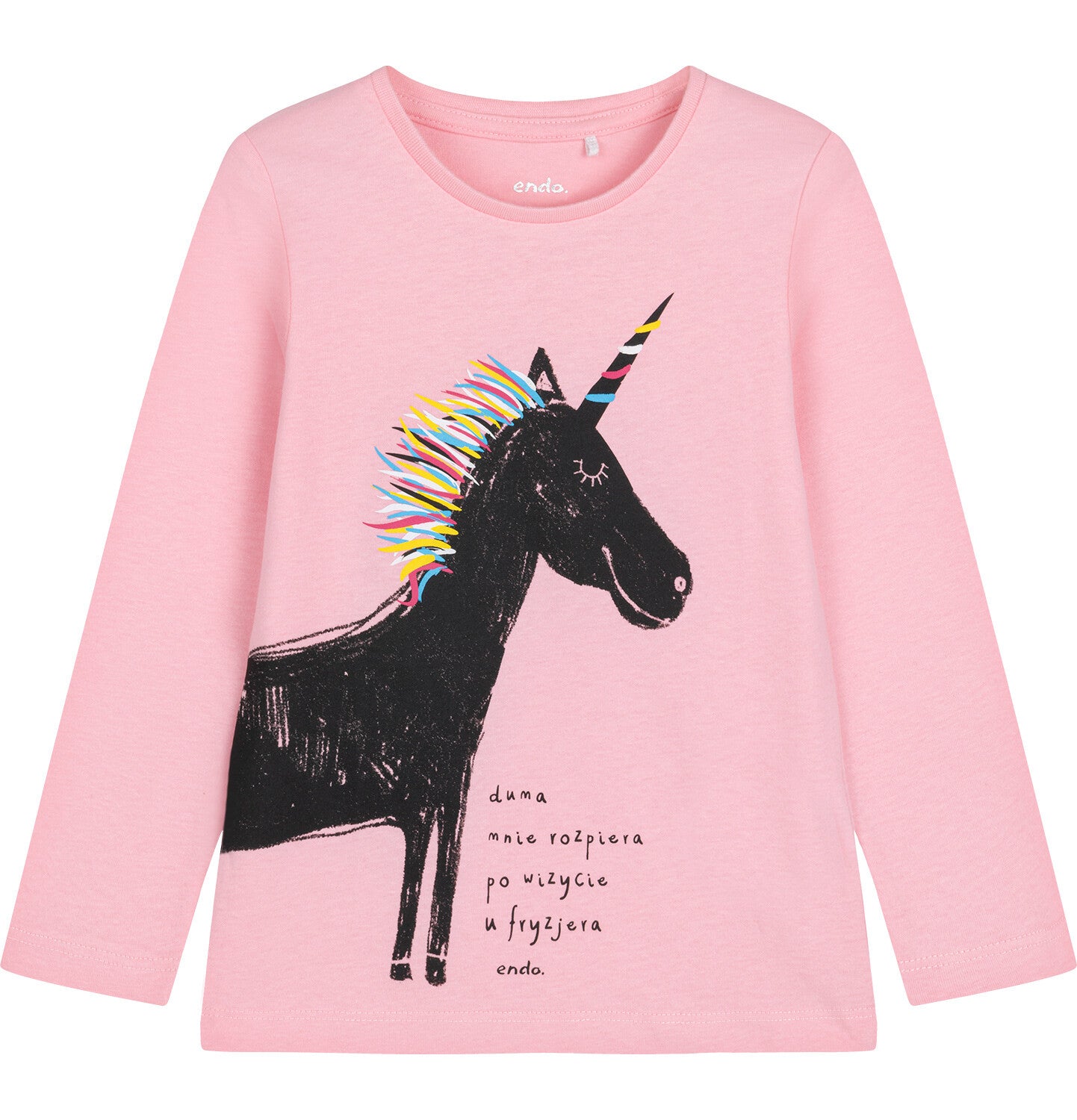 T-shirt z długim rękawem dla dziewczynki, z jednorożcem i napisem "duma mnie rozpiera po wizycie u fryzjera", różowy 3-8 lat