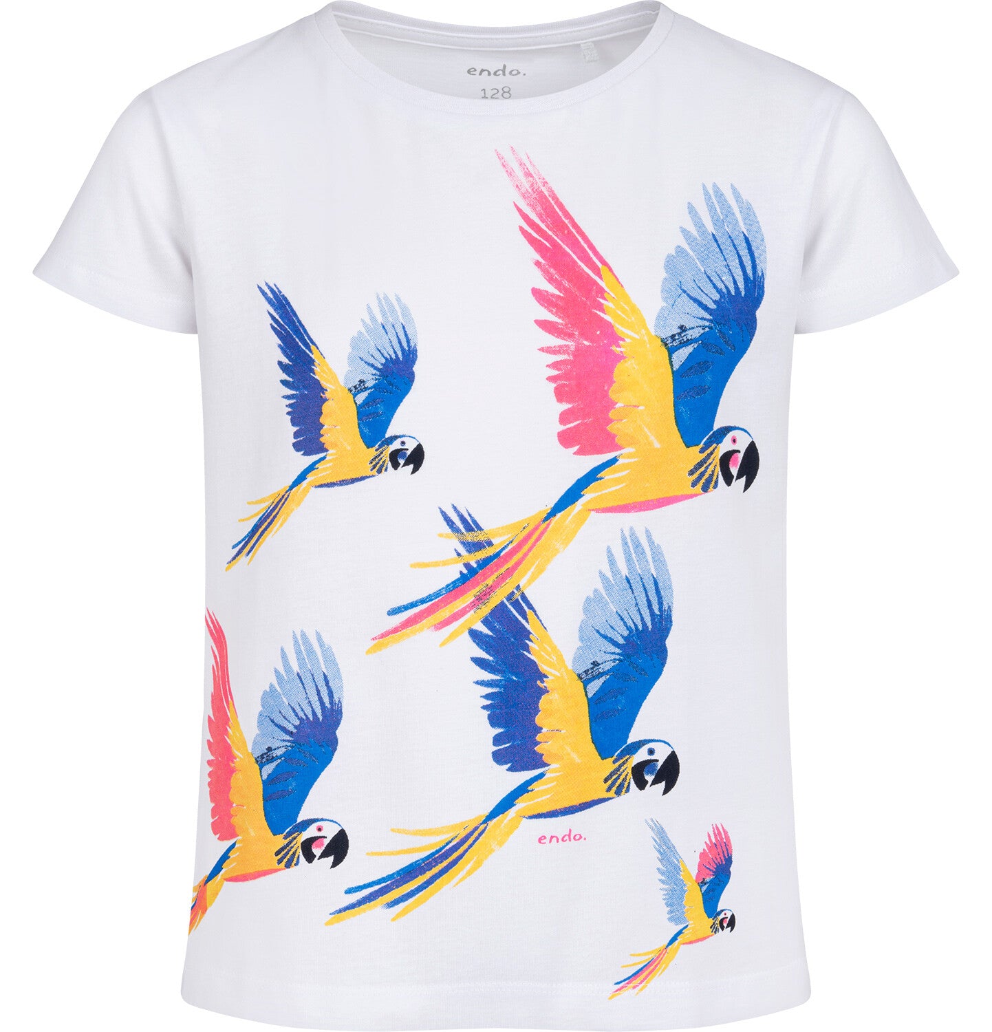 T-shirt z krótkim rękawem dla dziewczynki, z lecącymi papugami, biały, 3-8 lat