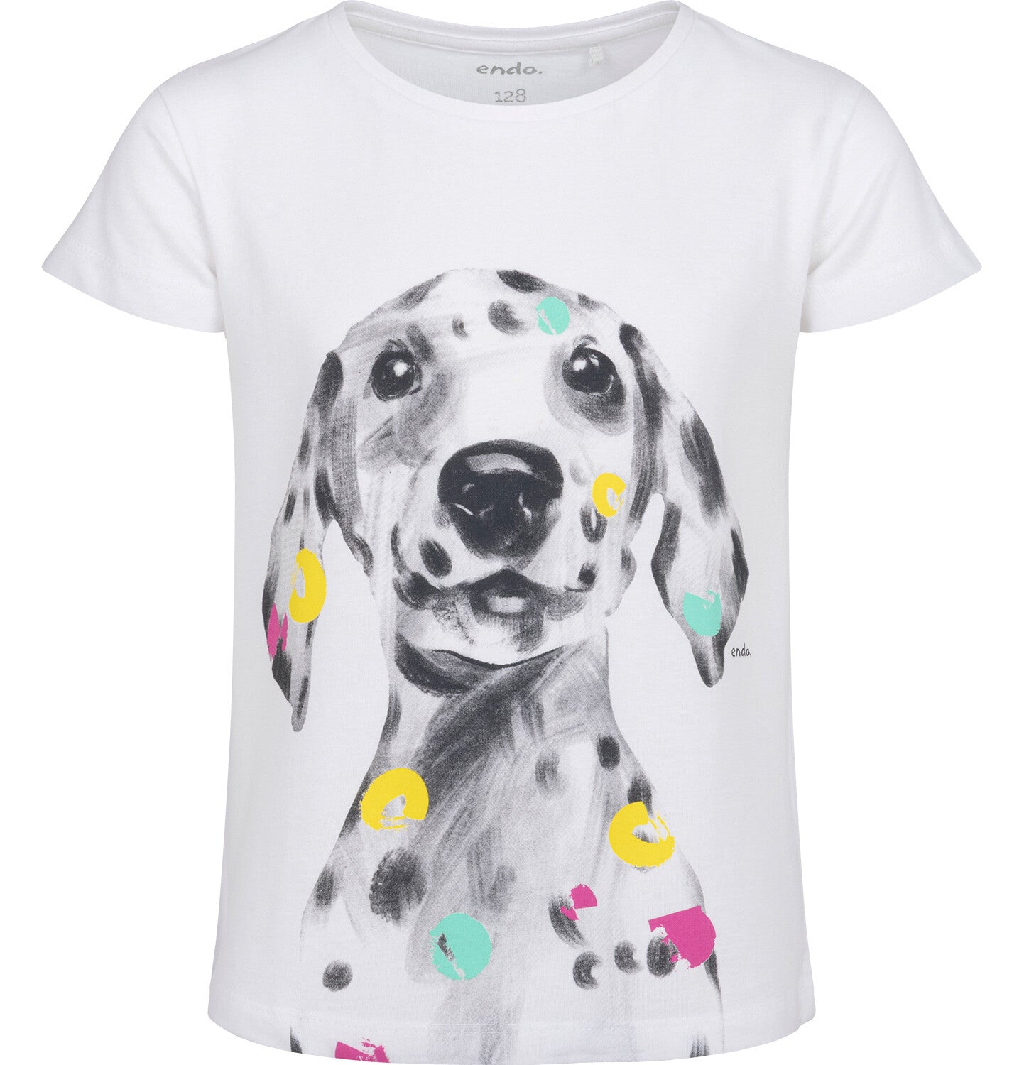 Girls' short-sleeved T-shirt with a Dalmatian, white, 3-8 years old