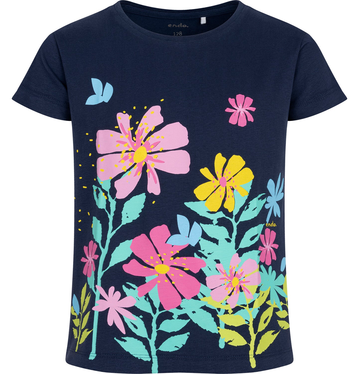 T-shirt z krótkim rękawem dla dziewczynki, z motywem kwiatowym, granatowy 9-13 lat