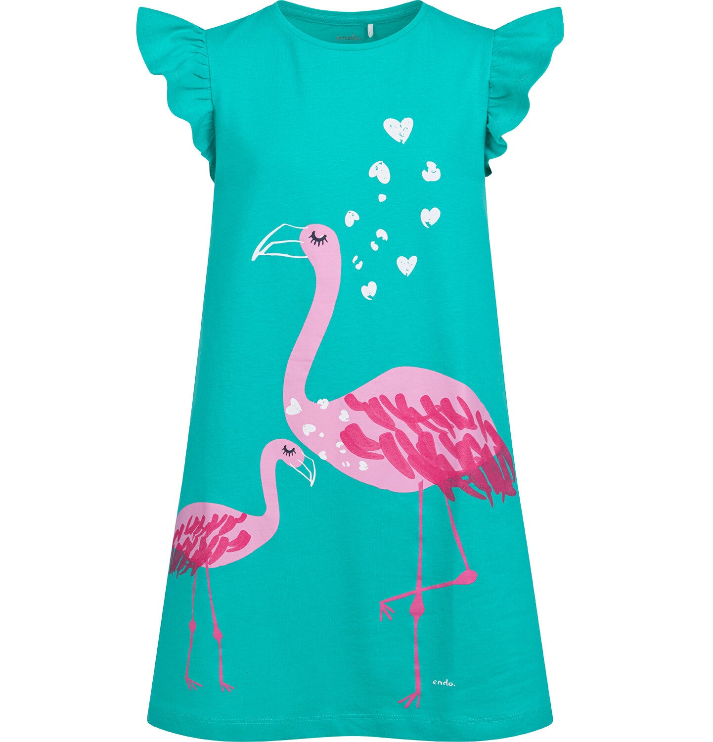 Short-sleeved dress for girls with flamingos, green, 3-8 years old