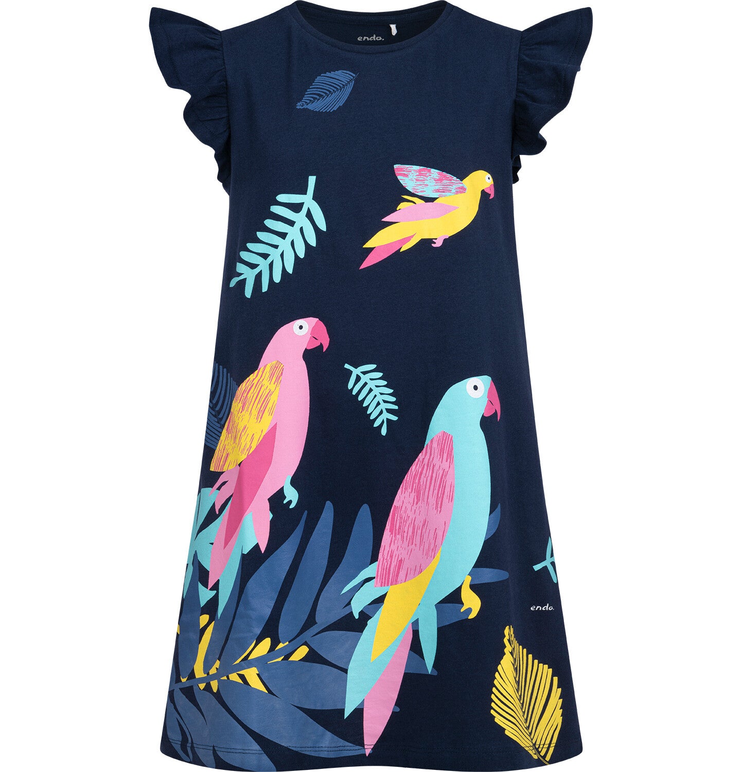 Short-sleeved dress for girls with parrots, navy blue, 9-13 years old