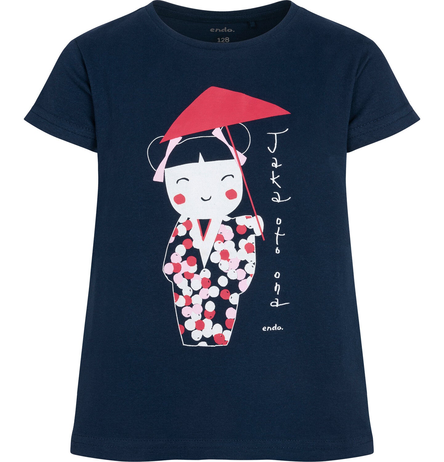Short-sleeved t-shirt for girls, with a geisha motif, navy blue, 3-8 years old