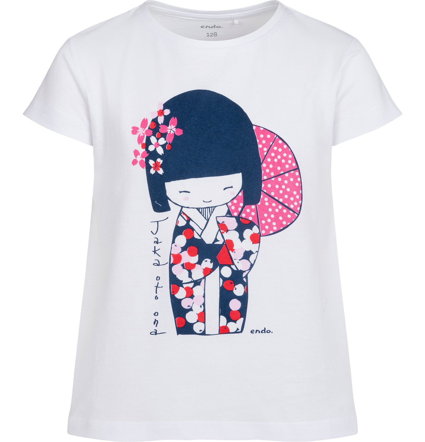 Short-sleeved t-shirt for girls, with a geisha motif, white, 3-8 years old