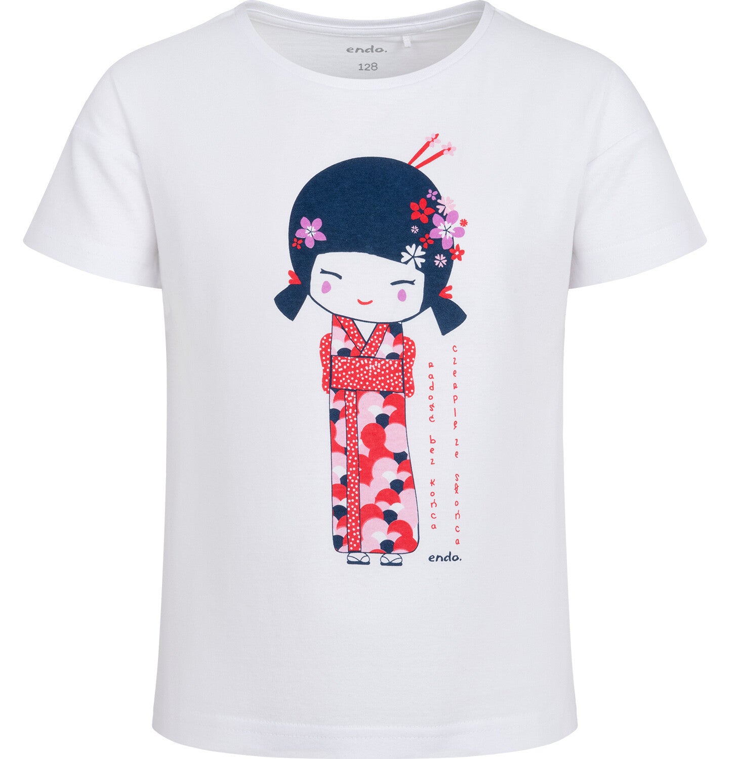 Short-sleeved t-shirt for girls, with a geisha motif, white, 3-8 years old