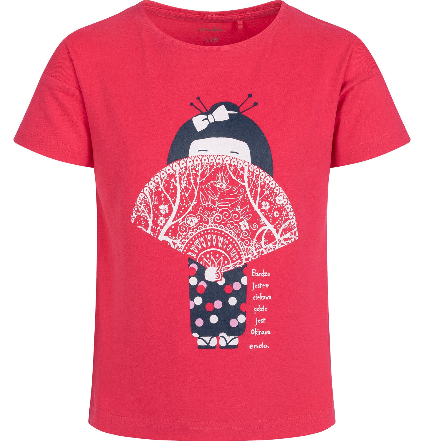 Short-sleeved t-shirt for girls, with a geisha motif, red, 3-8 years old