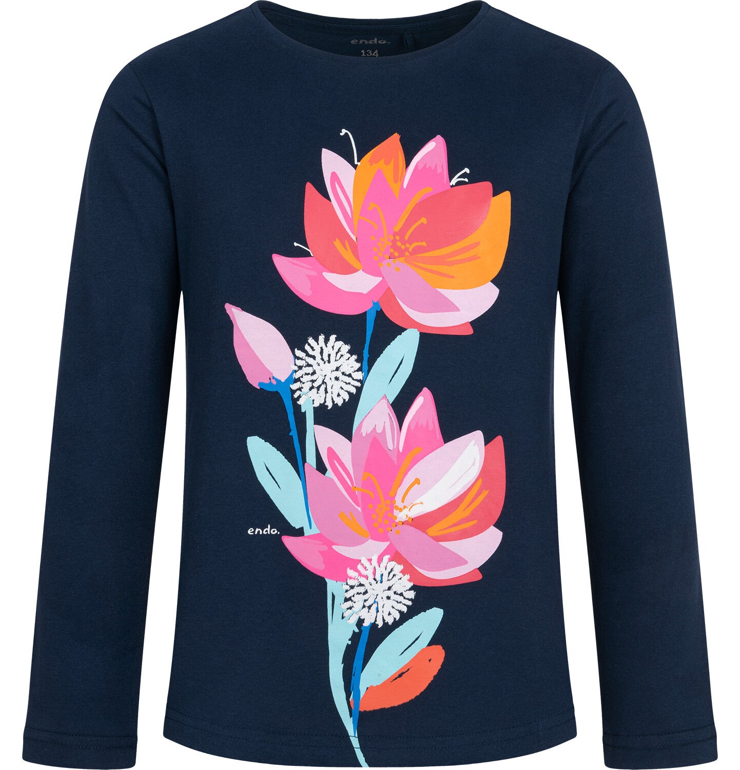 Long-sleeved T-shirt for girls, with a floral motif, navy blue, 9-13 years old