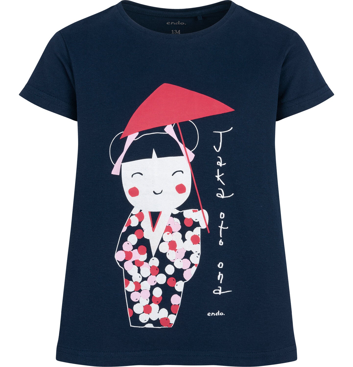 Short-sleeved t-shirt for girls, with a geisha motif, navy blue, 9-13 years old