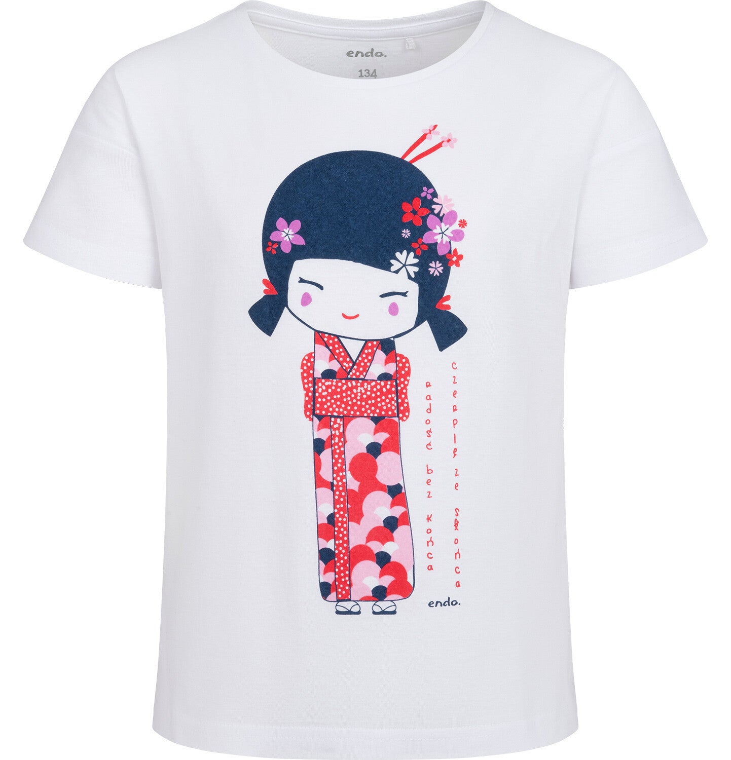 Short-sleeved t-shirt for girls, with a geisha motif, white, 9-13 years old