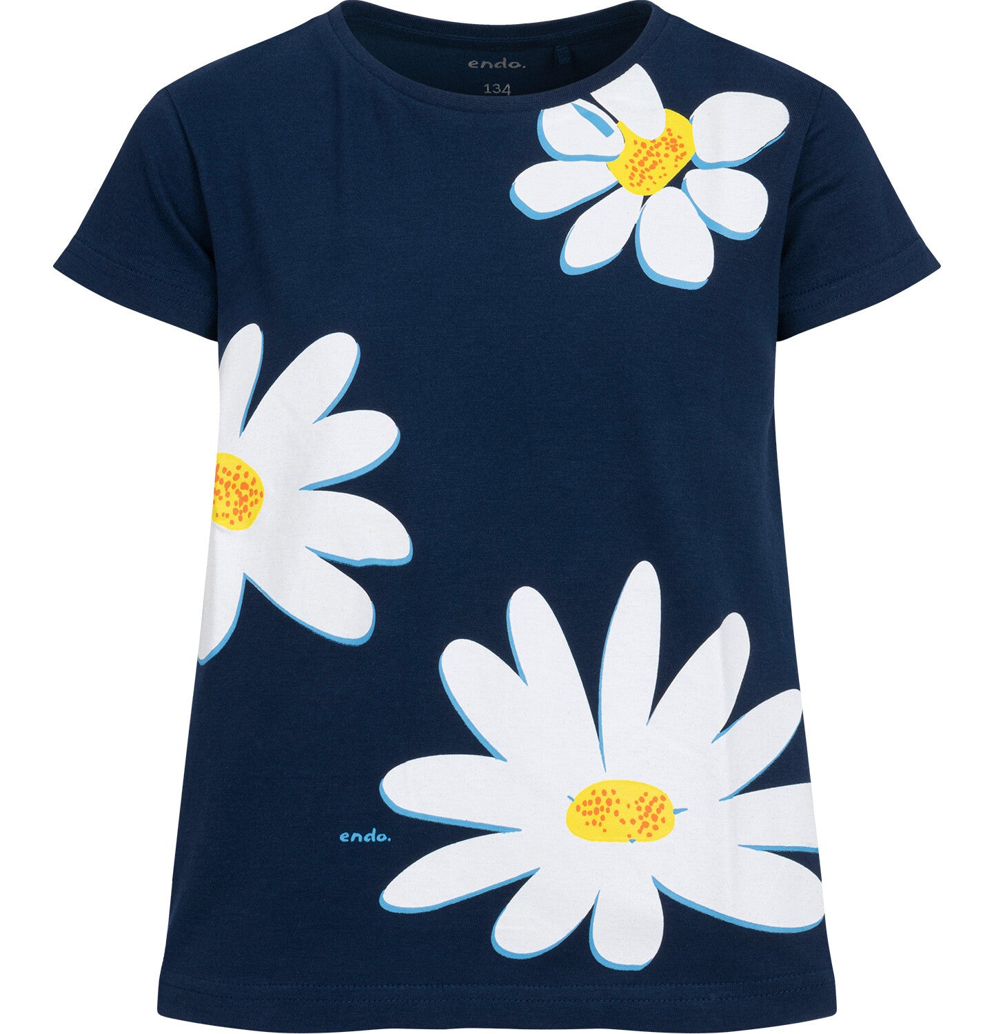 T-shirt z krótkim rękawem dla dziewczynki, ze stokrotkami, granatowa 9-13 lat