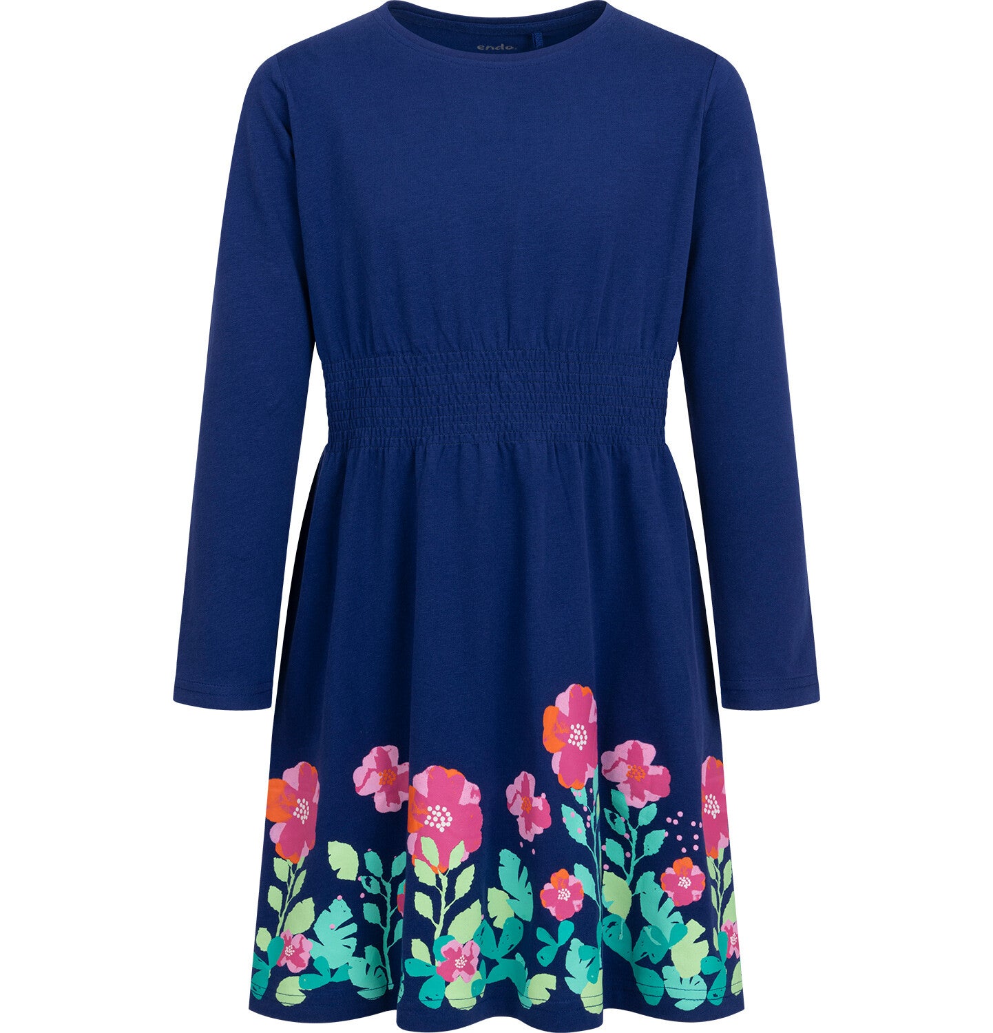 Long-sleeved floral dress for girls, navy blue, 9-13 years old