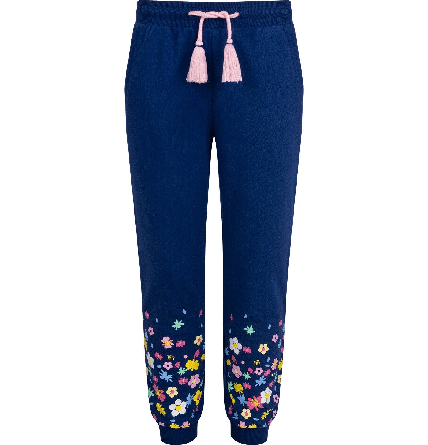 Girls' sweatpants with a floral motif, navy blue, 9-13 years old